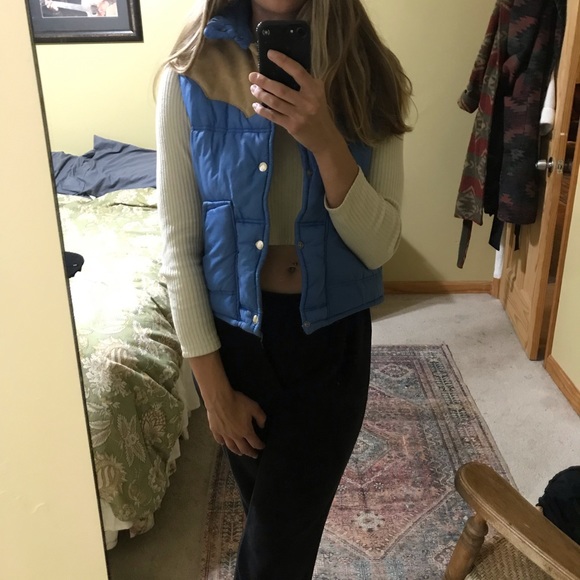 Vintage Blue Down Vest with Leather - Picture 6 of 8